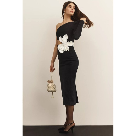 PatBO One Shoulder Floral Appliqué Cutout Midi Dress US 4 Black White Gorgeous🖤 - Picture 4 of 13